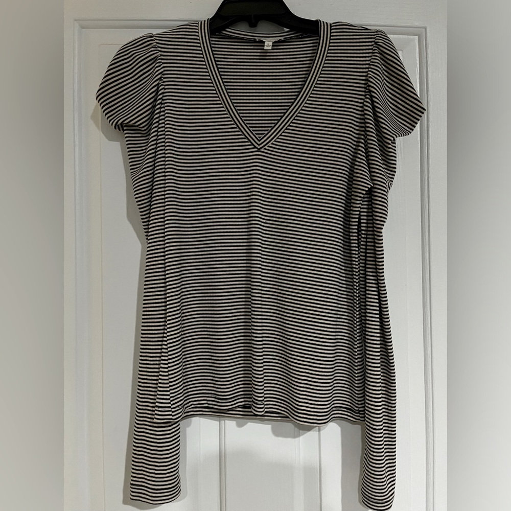 Ella Moss, V neck shirt. Light pink and black stripe. Rouched, extra long sleeve